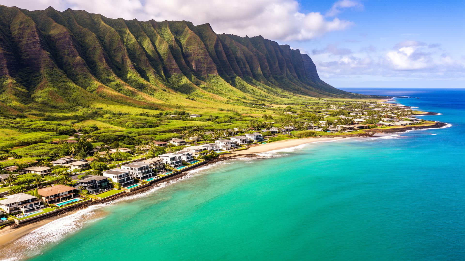 Aerial view of the Hawaii coastline with tropical blue water